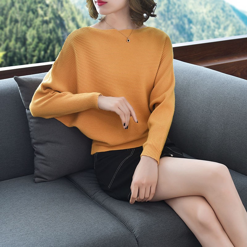 Phiên bản mùa xuân mới của Hàn Quốc năm 2020 áo len nữ cánh dơi cổ rộng và mỏng một rãi hơn chiếc dệt kim đáy th