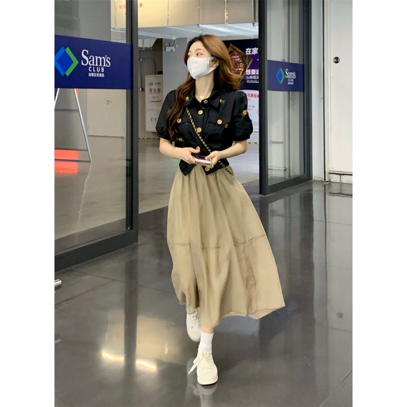 Xiaozhainv Bộ Áo Sơ Mi Tay Ngắn + Chân Váy Dài Vải Voan In Hoa Kiểu retro Pháp Xinh Xắn Cho Nữ