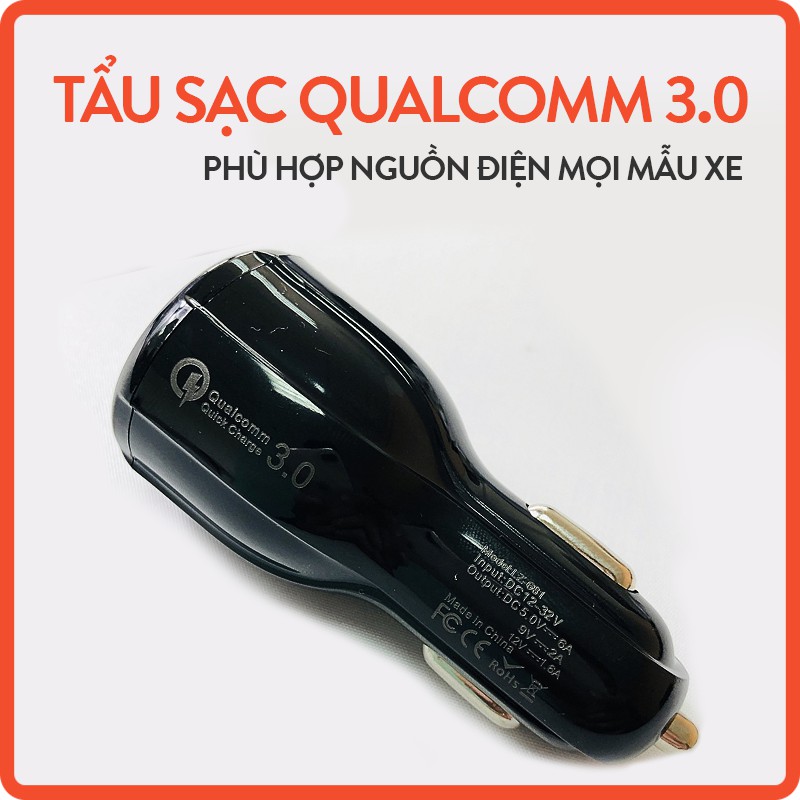 Tẩu sạc ô tô, Cốc sạc xe hơi Qualcom 12V sạc nhanh gồm 2 cổng usb 3.0 đèn led cắm tẩu