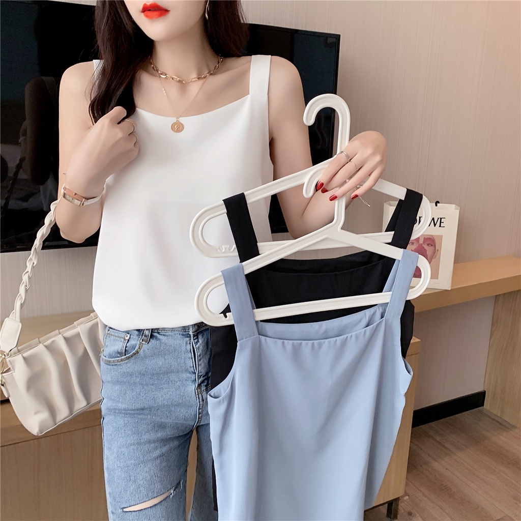 Áo Voan Hai Dây Cổ Vuông Dáng Rộng Màu Trắng Đen Thời Trang Mùa Hè Cho Nữ