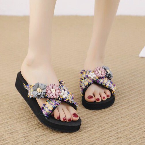 (SẴN HÀNG )Dép Xuồng Nữ Sandal Quai Chéo Thời Trang Đính Ren Hoa Chống Trượt