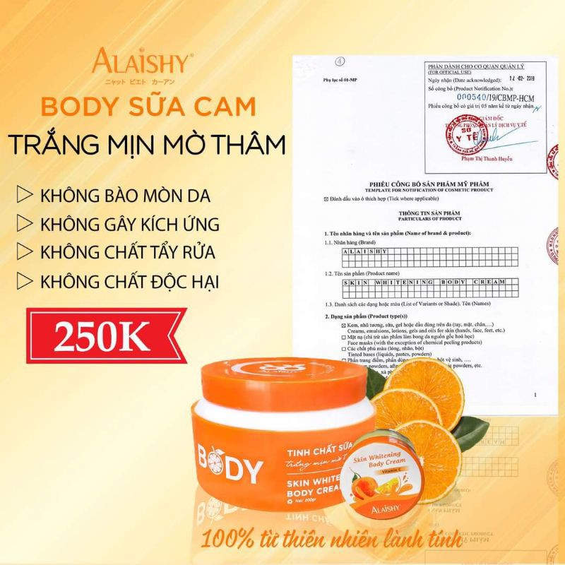 Kem dưỡng trắng da Body sữa cam Alaishy tặng kèm kích trắng