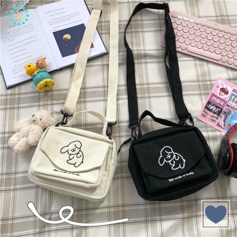 Túi đeo chéo vải canvas mini thêu cún đáng yêu đựng đồ đa năng đi học đi chơi giá rẻ ( không kèm móc khóa bông)