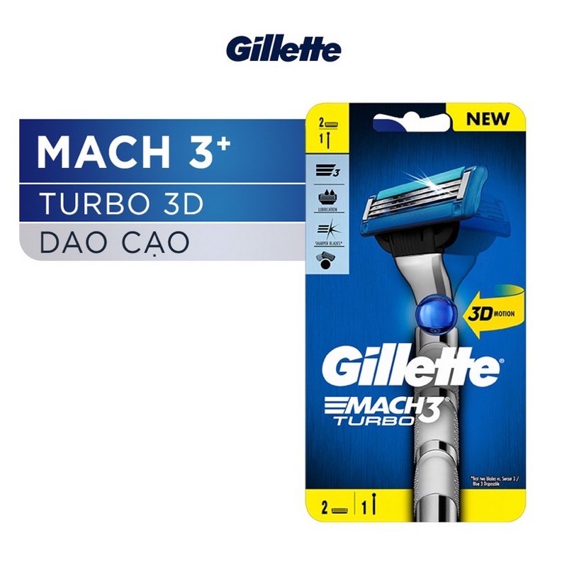 Bộ Dao cạo râu Gillette Mach 3 Turbo 3D 2Up (1 cán dao + 2 đầu cạo) - Mach3 3 lưỡi cao cấp