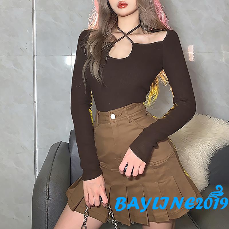 Áo kiểu tay dài cổ vuông màu sắc thời trang xuân thu cho nữ