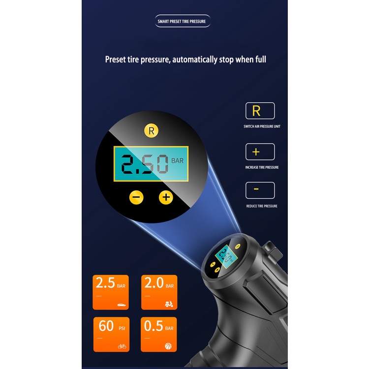 Máy Bơm Hơi Kỹ Thuật Số 120W Không Dây Cho Lốp Xe Hơi Xe Máy