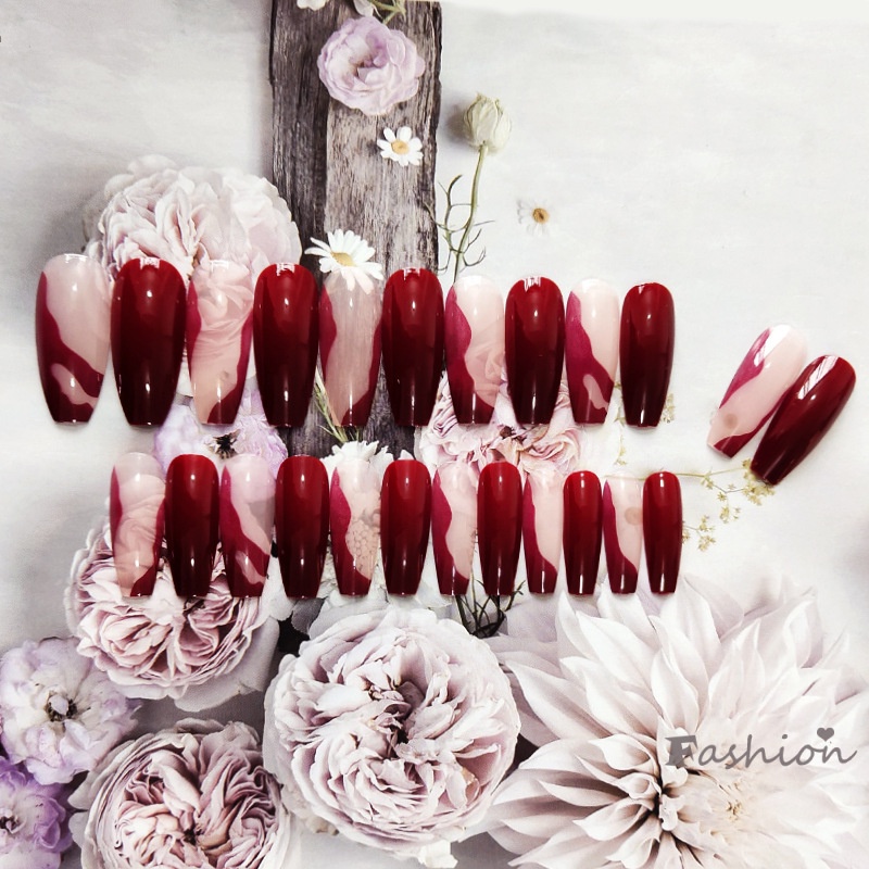 Set 24 Móng Tay Giả Màu Đỏ Rượu Vang Kèm 24 Móng Tay Giả