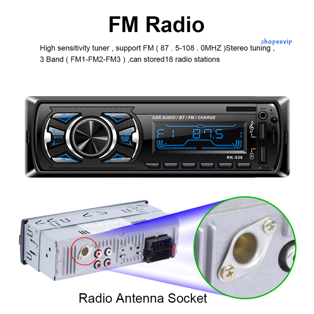 Đầu đĩa DVD RK538 tích hợp máy nghe nhạc MP3 Bluetooth Radio FM có khe cắm thẻ nhớ TF đĩa chữ U phổ biến cho xe hơi