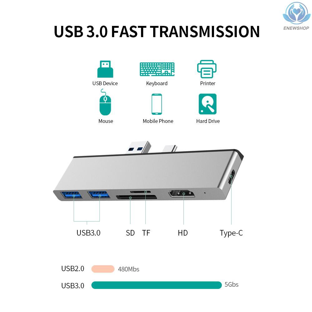 Đầu Đọc Thẻ Nhớ 6 Trong 1 Usb 3.0 Type-c Hub Sang Usb 3.0x2 + Sd + Micro Sd + Hd + Type-c