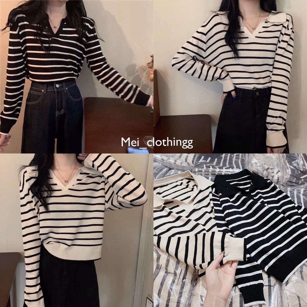 [Ảnh thật/video] Áo len tăm nữ dài tay/ Áo polo kẻ sọc ulzzang | BigBuy360 - bigbuy360.vn