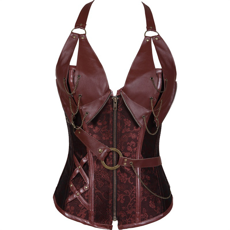 Brown 4-steel bone leather corset with belt halter corset