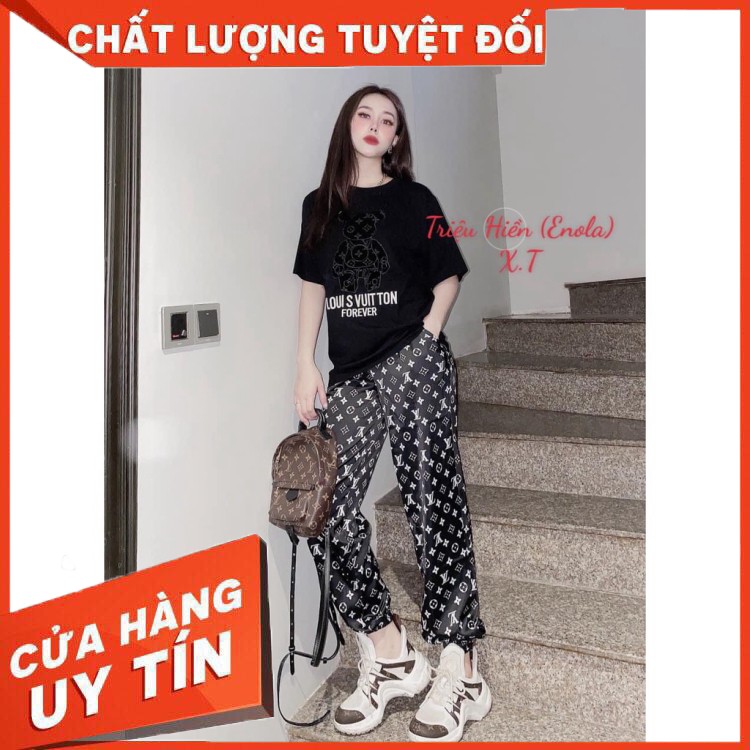 HÀNG CAO CẤP -  Bộ Gấu Chữ Họa Tiết Quần Dài Áo Cộc  - Hàng Cao Cấp