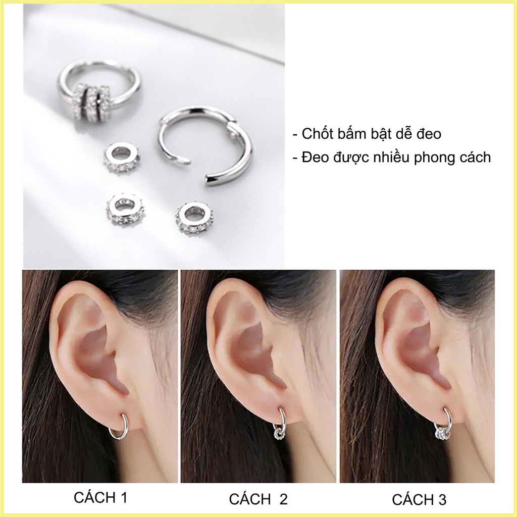 Bông Tai Bạc 925 Hanada Khoen Tròn 3 Đá 0622