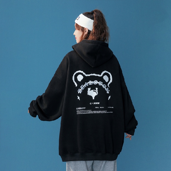 【ZHELIHANGFEI】Áo Hoodie Tay Dài Dáng Rộng In Hình Gấu Phong Cách Preppy