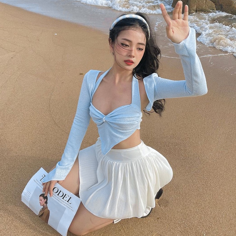 Áo Sơ Mi Tay Dài Xếp Ly Hở Lưng Xinh Xắn Thời Trang Cho Nữ