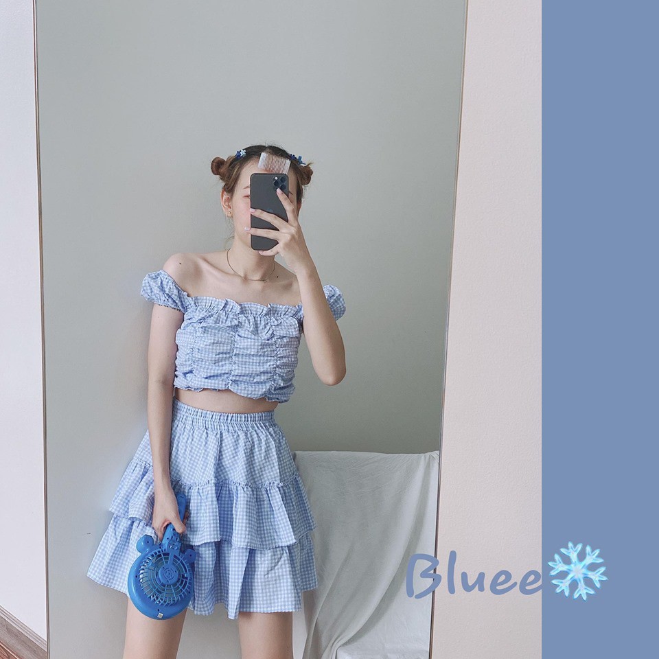 Set Áo Croptop Nữ + Chân Váy Caro Tiêu Thư Ulzzang (Ảnh Thật)