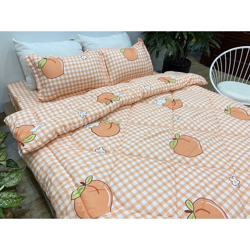 Trọn bộ 5 món chăn ga gối Poly set hè và set phao-mẫu đào kẻ cam | WebRaoVat - webraovat.net.vn