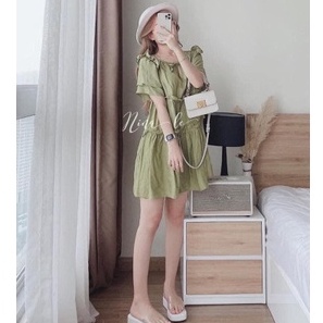 Váy babydoll xanh cổ V phối dây chạy bèo rúm tầng ulzzang tiểu thư  Chất đũi tơ xước QC mềm đẹp nữ