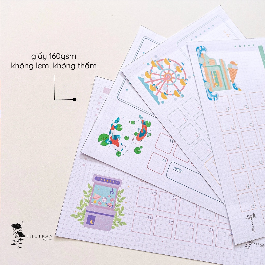 Bộ 12 tờ lịch kế hoạch hàng ngày 12 tháng dùng cho tất cả các năm A5, A6 / fantasy calendar / thetranstudio