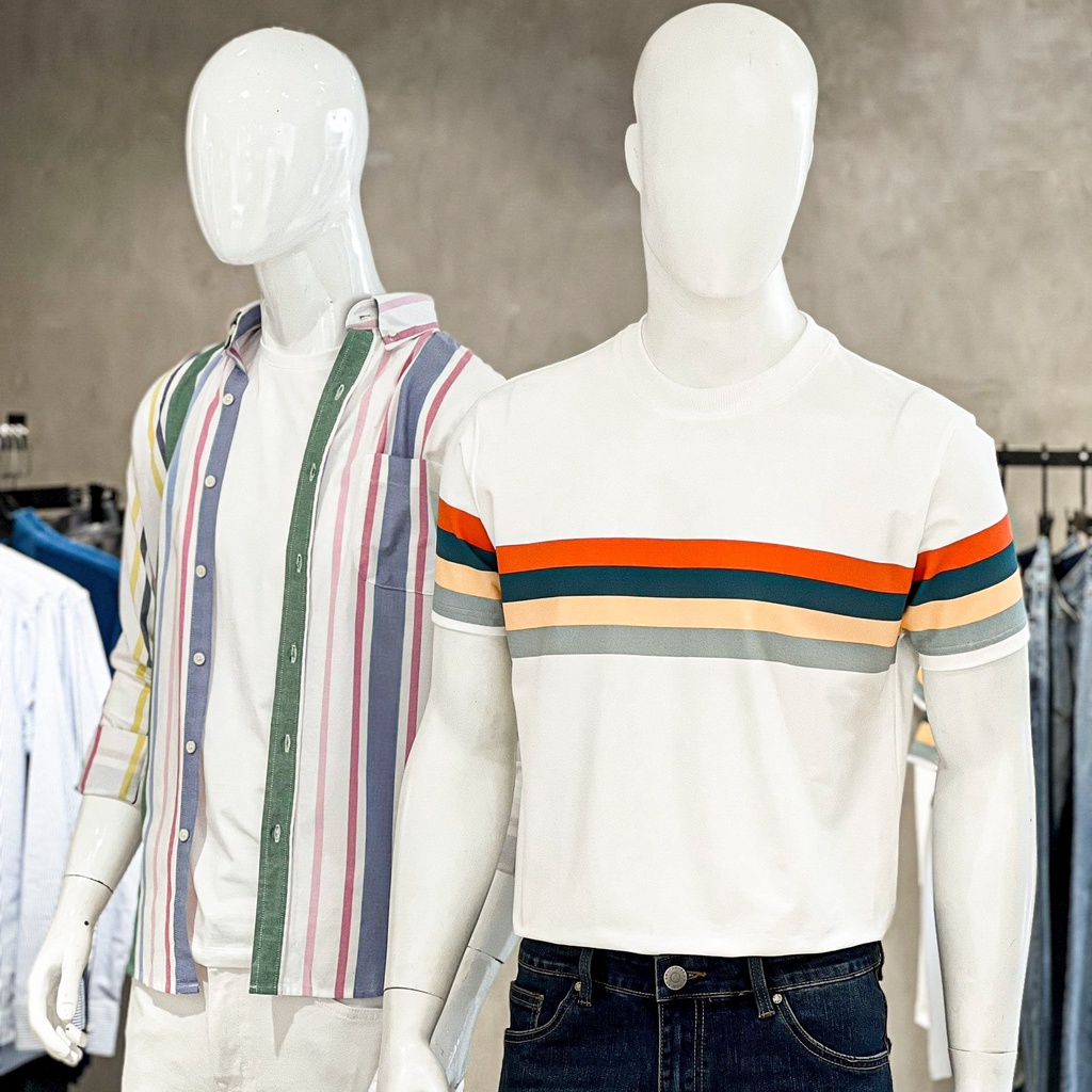 Áo Thun Ngắn Tay Cổ Tròn Trắng Phối Sọc 4 Màu BY COTTON Four Color Stripes Tee