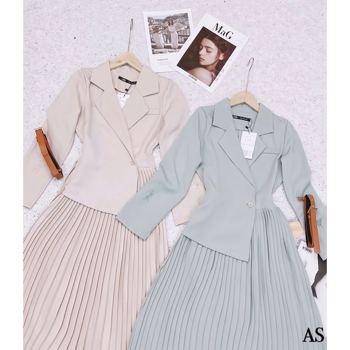 Set váy thiết kế dập li cổ vest kèm đai hai màu sang chảnh | BigBuy360 - bigbuy360.vn