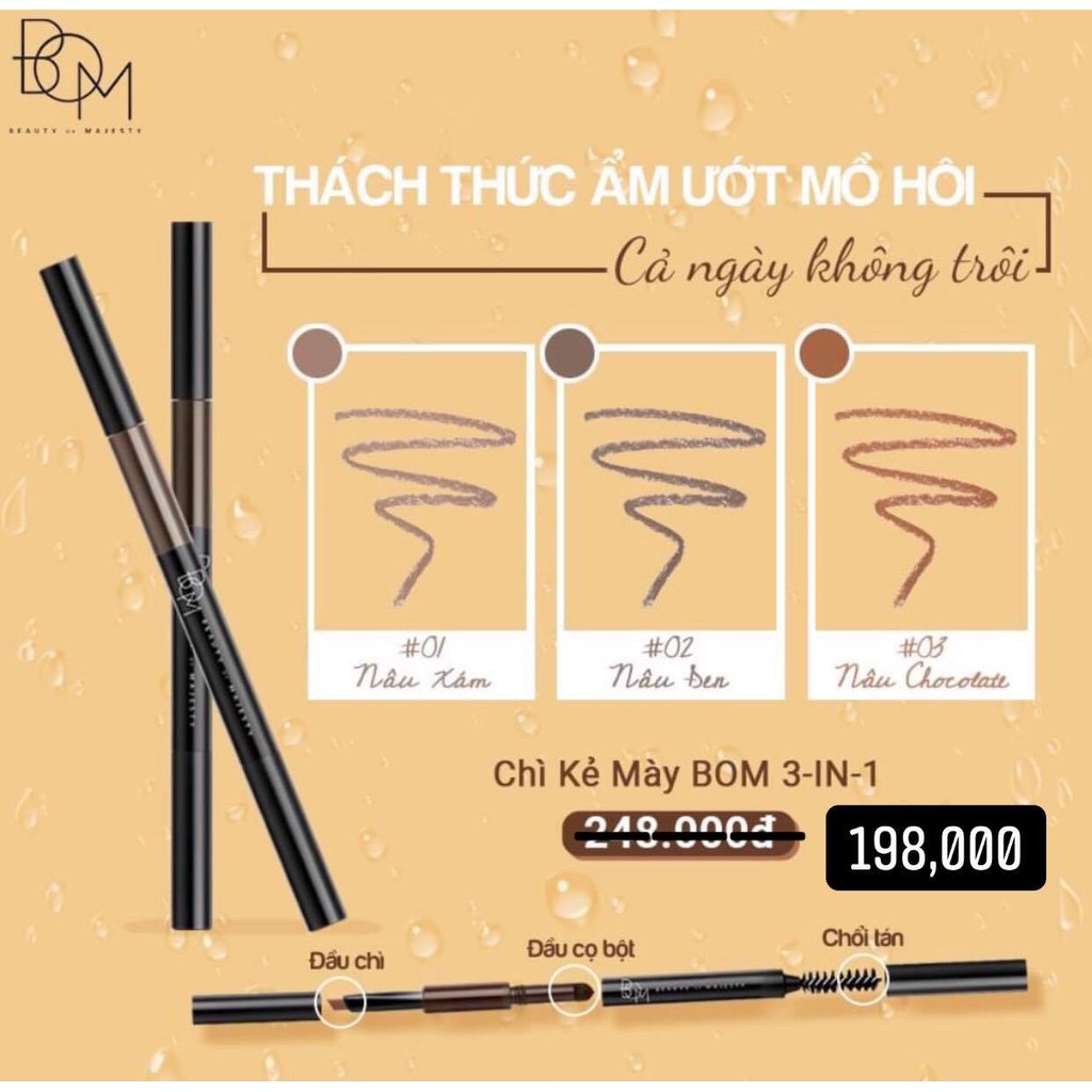 Chì Kẻ Mày BOM 3 In 1: Đầu Chì - Cọ Bột Tán - Chổi Tán Mày.