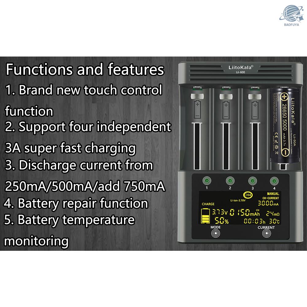 Bộ sạc pin Liitokala Lii-600 Li-Ion-3.7V Ni-Mh1.2V có 4 ngăn 18350 16340 14500