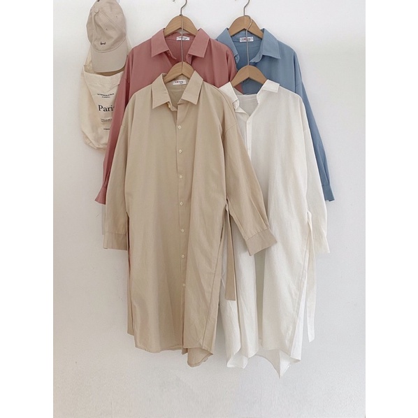 Váy sơmi trơn dáng suông dài tay kèm đai