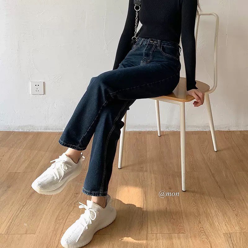 2101348 Quần jeans ống đứng nữ ulzzang chỉ nổi màu xanh đậm có size - quần jeans nữ thời trang