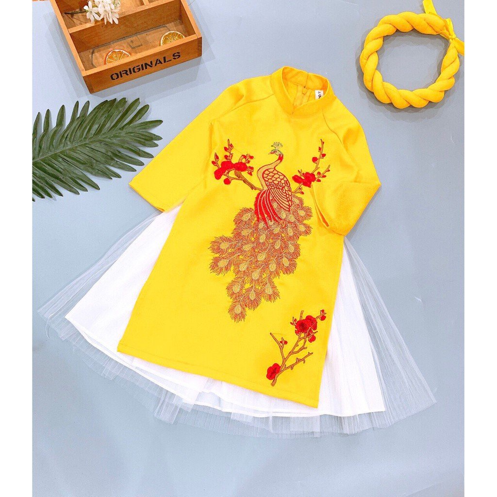 Áo dài kèm váy hình công cho bé 3-6 tuổi (kèm vấn)