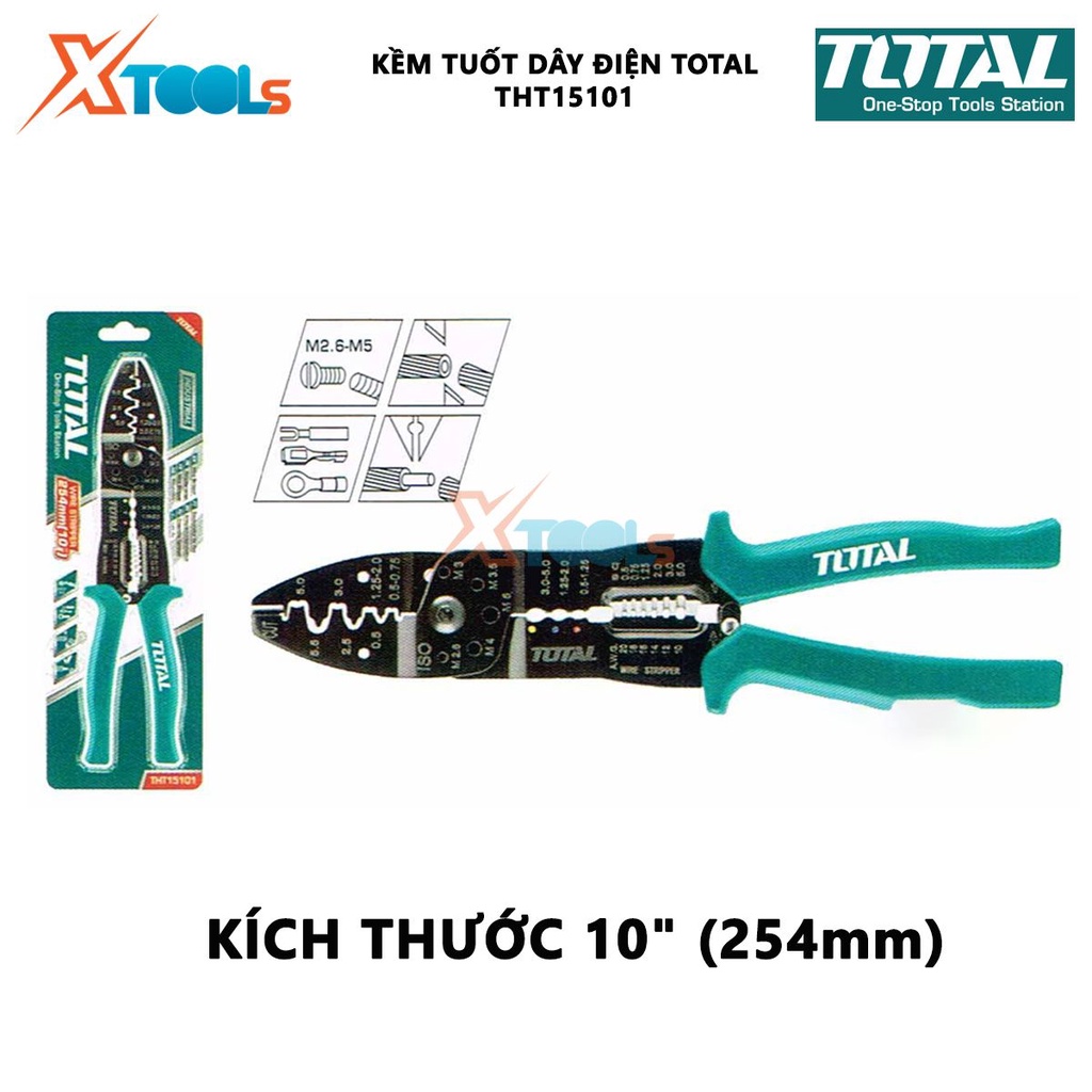 Kềm tuốt dây điện TOTAL THT15101 Kìm tuốt dây Kích thước 10&quot; (254mm),Thép CR-V, tay cầm cách điện bóc, tách vỏ dây điện