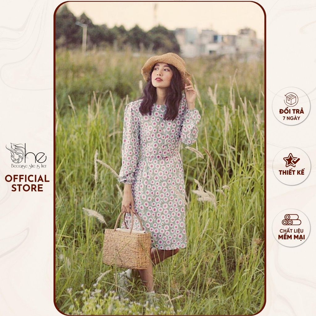 Đầm suông midi Vintage She, váy hoa nhí cute đi chơi SDX16