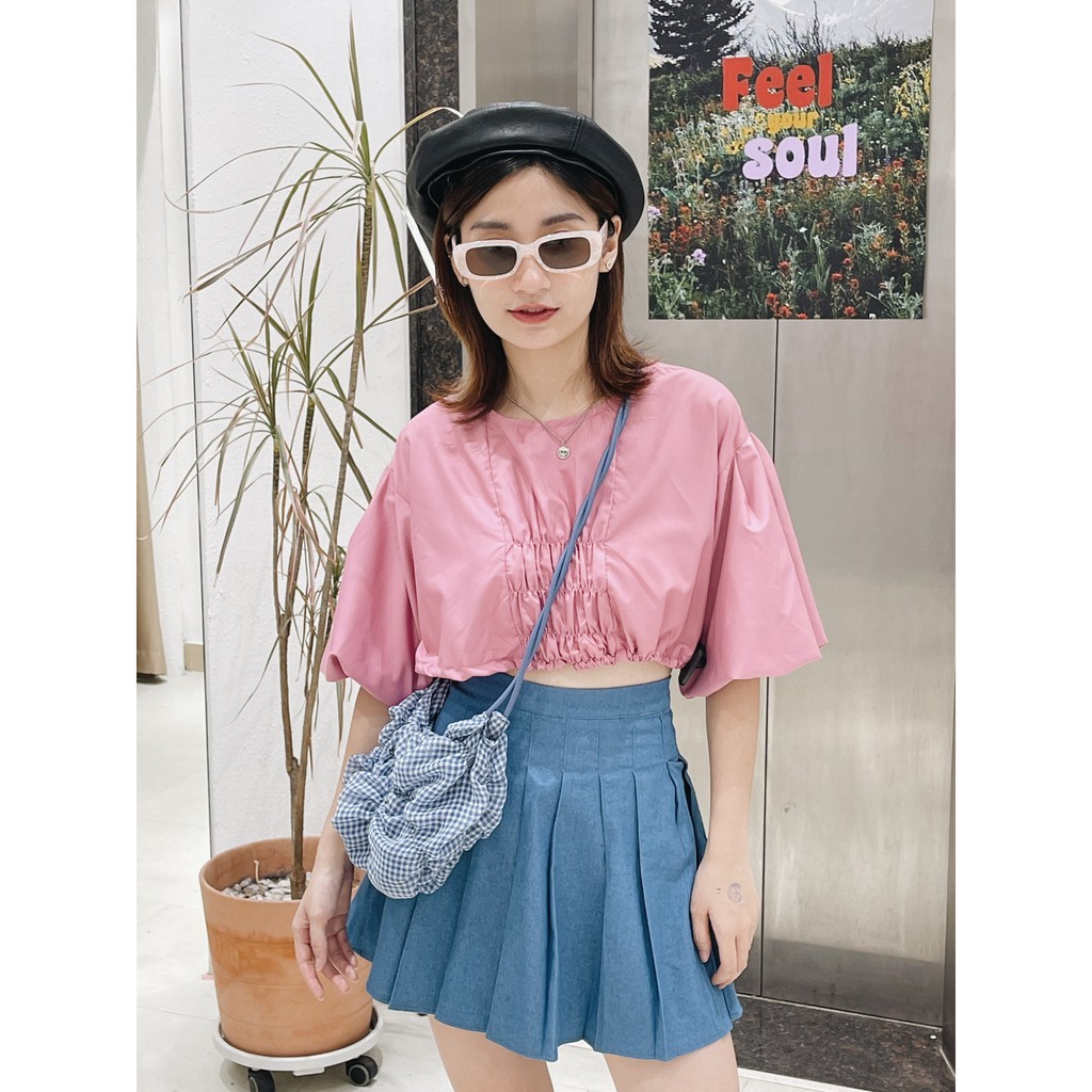 KUCHIMACHIC- Áo sơ mi croptop tay bồng,chất lụa Hàn, phù hợp đi học đi làm mã KUSM02