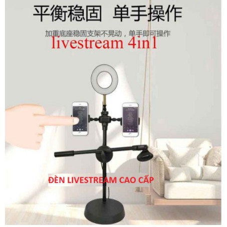 Đèn Live Stream 4in1, Để Bàn Có Chân Đỡ Micro LivesTream Hai Điện Thoại - Bộ Giá Đỡ Điện Thoại Livestream 4in1