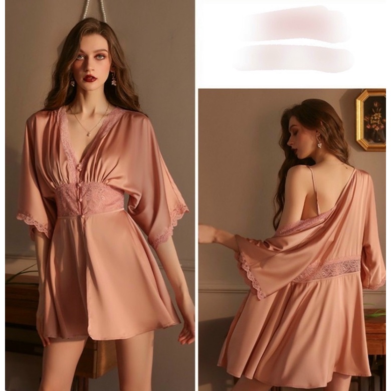 (M.68) sest 2 áo choàng kèm váy ngủ sexy lụa cao cấp Đầm mặc nhà gợi cảm quyến rũ