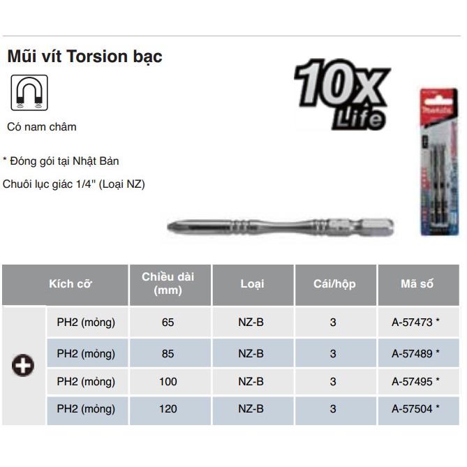 Mũi vặn vít TORSION PH2 Makita Nhật Bản A-57473/A-57489/A-57495/A-57504/A-50120