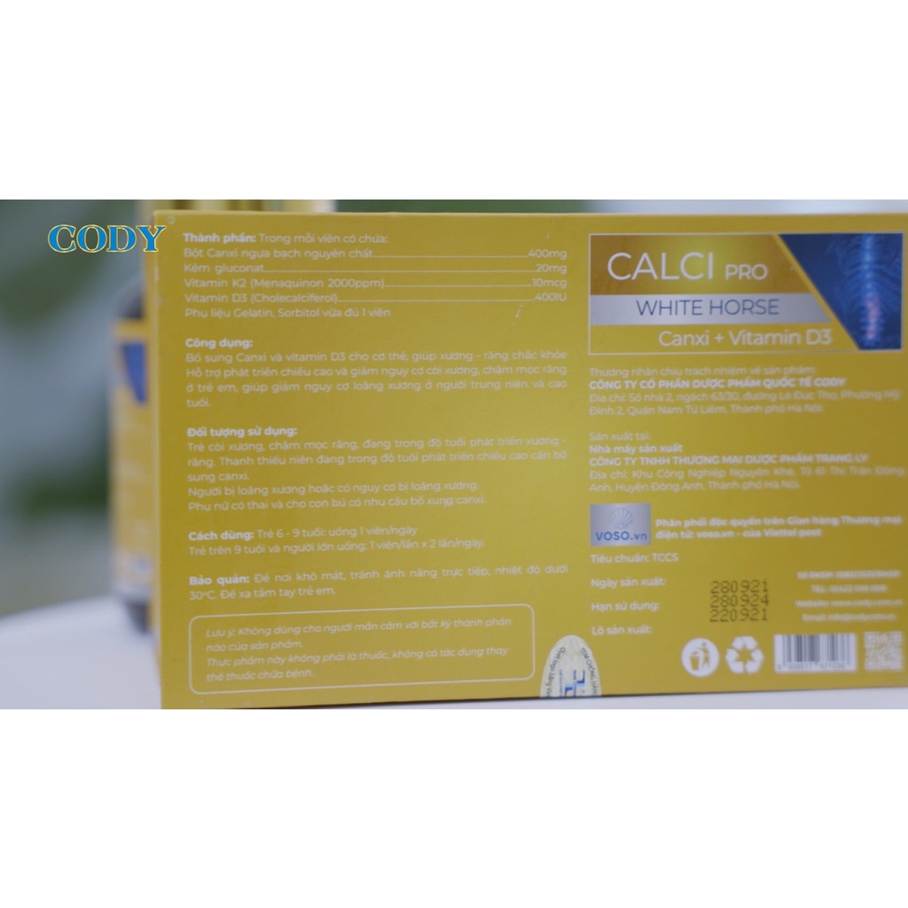 CANXI Ngựa bạch CODY bổ sung canxi cho trẻ và thanh thiếu niên đang trong độ tuổi phát triển chiều cao