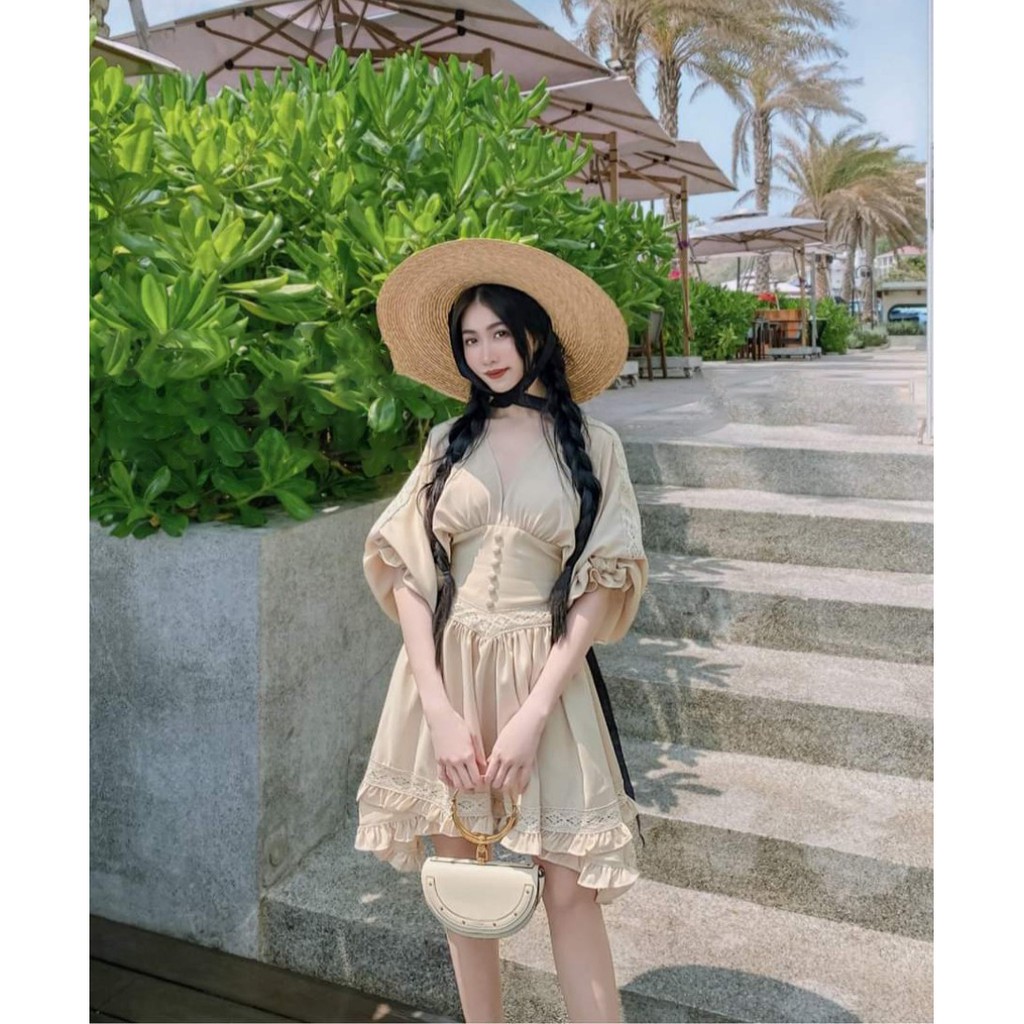 Váy đầm dáng xòe vintage màu kem classic cổ điển boho bohemian đi biển du lịch bánh bèo hotgirl sexy trẻ trung xinh đẹp