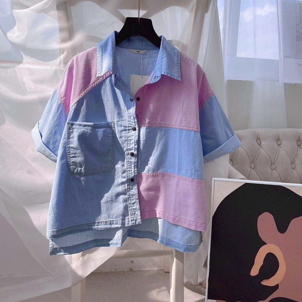 ÁO SƠ MI NỮ  TAY LỬNG , DENIM BÒ XANH PHỐI HỒNG TÚI NGỰC VẠT