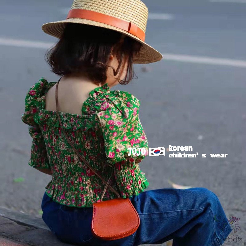 Bộ Áo In Hoa + Quần Denim Thời Trang Cá Tính Kiểu Hàn Quốc Cho Bé Gái