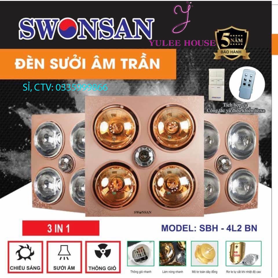 ĐÈN SƯỞI NHÀ TẮM ÂM TRẦN 4 BÓNG + ĐÈN LED KÈM THÔNG GIÓ SWONSAN SHB-4L2 - BÓNG ĐÈN CHỐNG LÓA &amp; SIÊU TIẾT KIỆM ĐIỆN NĂNG