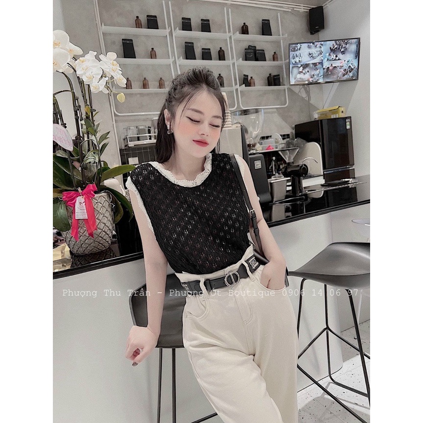 Áo Montoghi Đan Thỏ Sát Nách - Viền Bèo Sóng Xinh Xắn