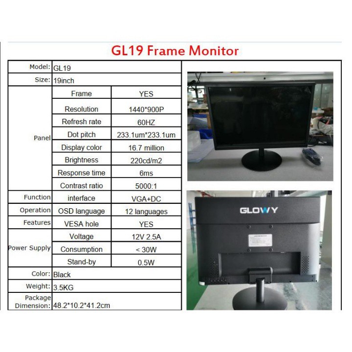 Màn hình máy tính Glowy 19 inch(GL19), màn hình PC thiết kế nhỏ gọn 1440x900 ,75Hz ,16,7 triệu màu - BH 24 Tháng