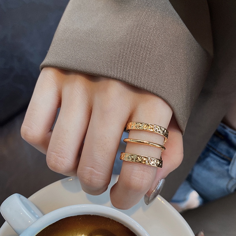 Nhẫn Hở Ba Lớp Màu Vàng / Bạc Phong Cách Punk Vintage Thanh Lịch Sáng Tạo Có Thể Điều Chỉnh Thời Trang Dành Cho Nữ