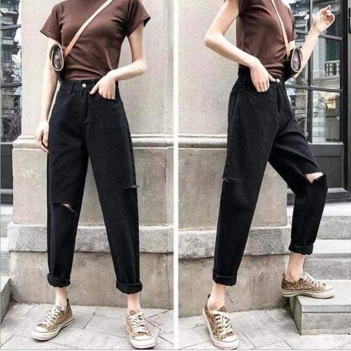 Quần jeans nữ dáng baggy cạp cao màu đen rách lệch gối phong cách Hàn Quốc - CM Fashion