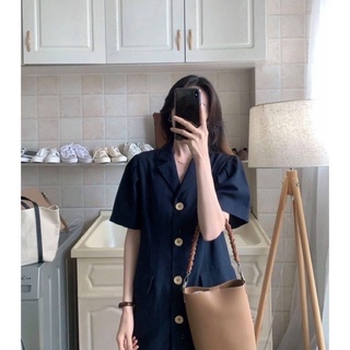 Đầm váy dáng suông xanh đen cổ sơ mi