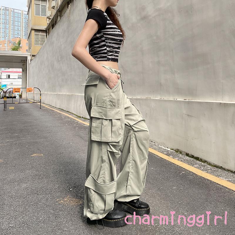 Chm-Quần ống rộng Màu Trơn Phối Nhiều Túi Phong Cách Đường Phố Cho Nữ