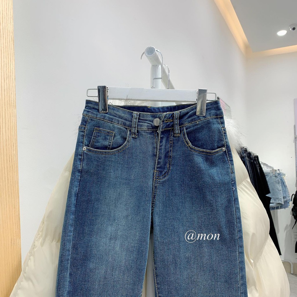 2101394 Quần jeans nữ ulzzang dáng ôm co giãn, chất jeans dày dặn, ống đứng màu xanh có size