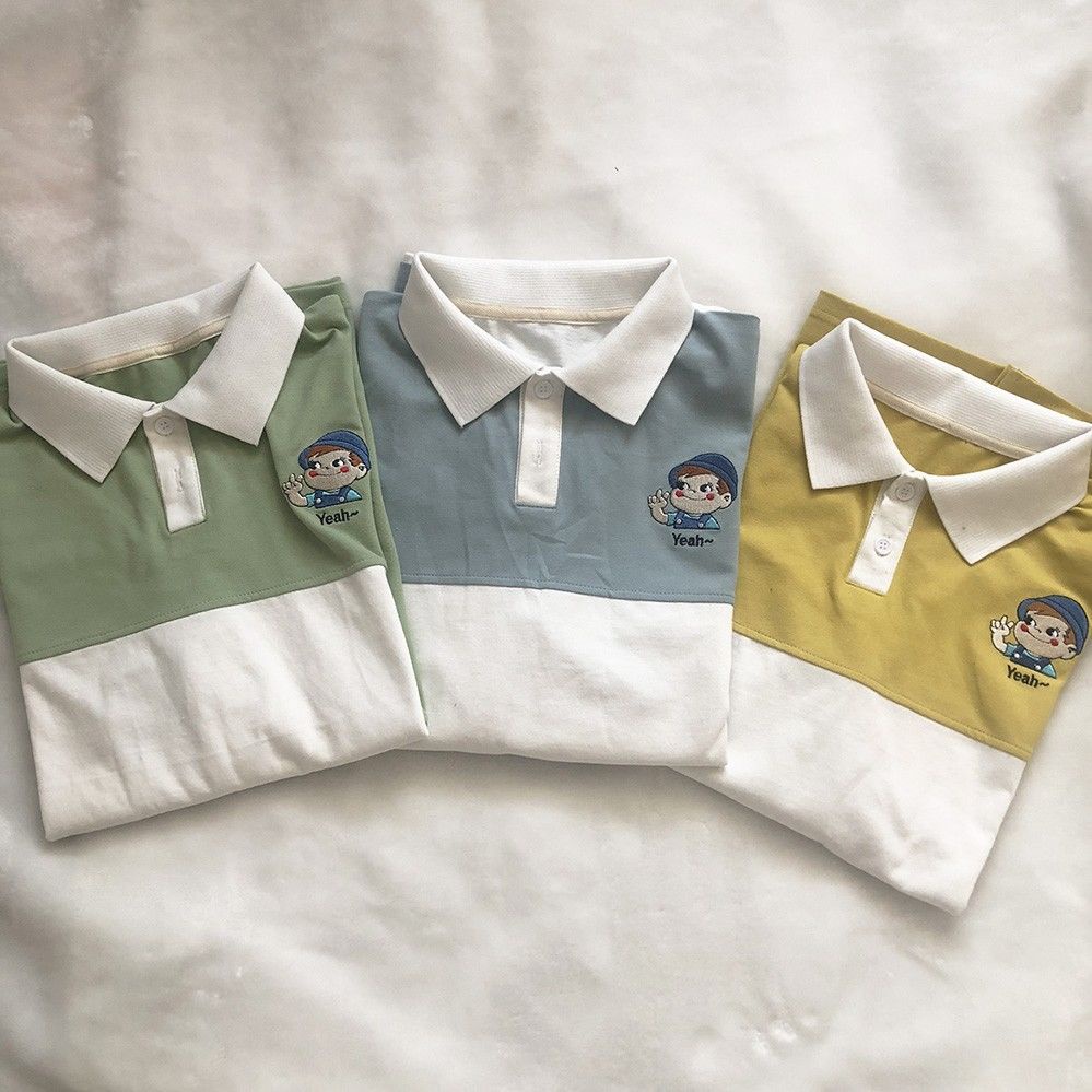 Áo polo Ngắn Tay Form Rộng Thêu Họa Tiết Hoạt Hình Phong Cách Hàn Quốc Thời Trang Cho Nữ