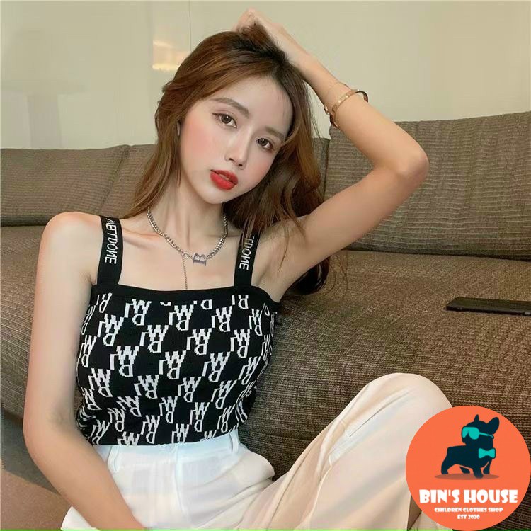 ÁO HAI DÂY THUN LEN MONOGRAM 2 MÀU BE ĐEN - TRẢI SÀN ẢNH THẬT